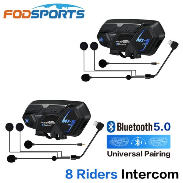 Fodsports-auriculares Bluetooth para casco de motocicleta, intercomunicador para 8 conductores M1S Pro, intercomunicador inalámbrico resistente al agua, interfono MP3