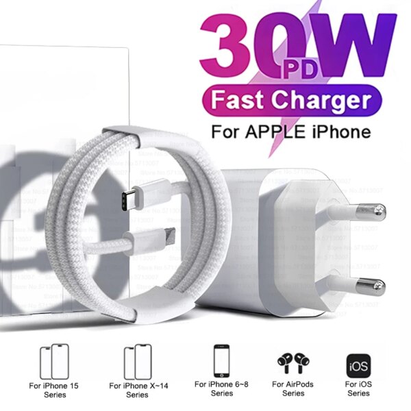 Para Apple 30W PD cargador rápido para iPhone 15 14 13 12 11 Pro Max Plus USB C Cable tipo C accesorios de teléfono de carga rápida