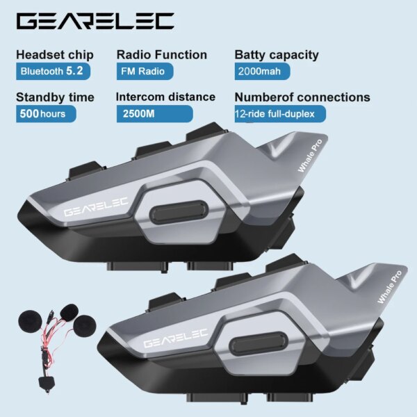 GEARELEC-intercomunicador Bluetooth para motocicleta, auriculares para casco, 2-12 conductores, interfono de comunicación de 2500M, IP65/GPS/FM, intercomunicador para casco