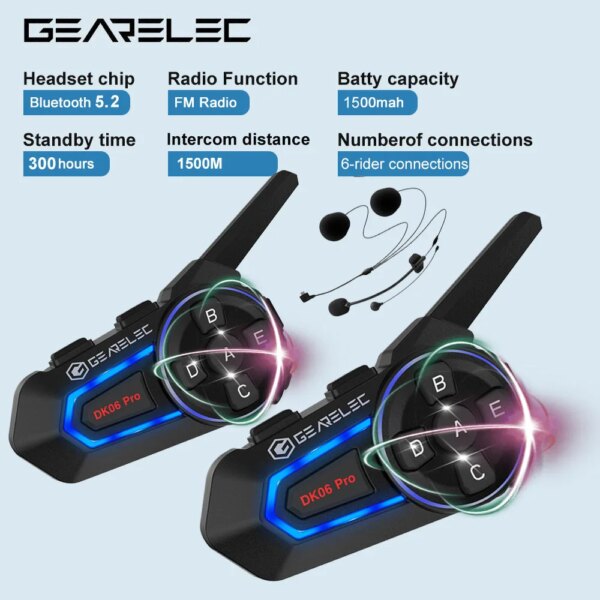 GEARELEC DK06 PRO auriculares Bluetooth para motocicleta 2 conductores 1500M intercomunicador Bluetooth 5,2 casco comunicación auriculares FM Radio GPS