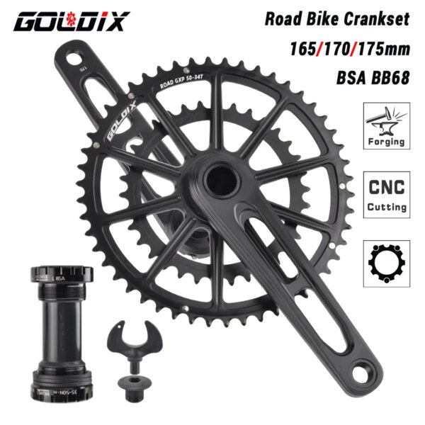 GOLDIX-platos y bielas ultraligeros para bicicleta de carretera, 50-34T/52-36T/53-39T, doble plato, 165/170/172, 5/175mm de longitud, manivela hueca para bicicleta