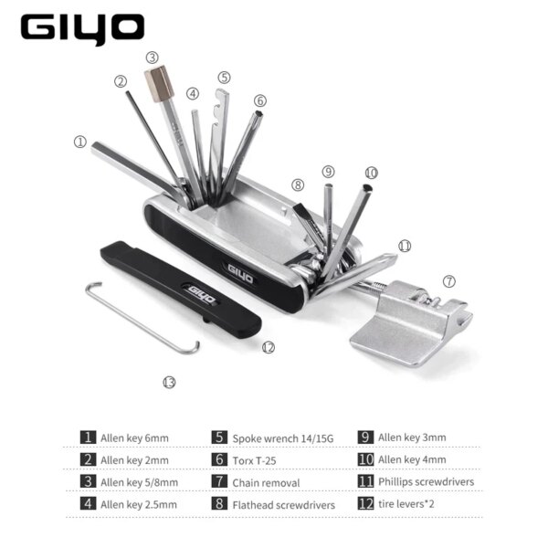 Giyo-Kit de herramientas de reparación de bicicletas 12 en 1, Mini herramienta portátil para ciclismo de montaña, destornilladores hexagonales con radios, palanca para neumáticos, llave Allen