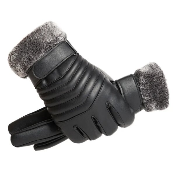 Guantes de invierno para hombre, guantes aislantes de felpa con boca de piel para ciclismo al aire libre, guantes de algodón con pantalla táctil de PU para motocicleta