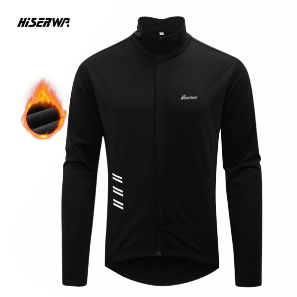 HISERWA-Chaqueta térmica para ciclismo para hombre, chaqueta polar cálida a prueba de viento para invierno, cortavientos para bicicleta de montaña y carretera con 3 bolsillos traseros