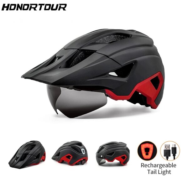 HONORTOUR-casco de bicicleta LED para adultos, con gafas y luz trasera recargable para hombres y mujeres, casco de ciclismo MTB de carretera al aire libre