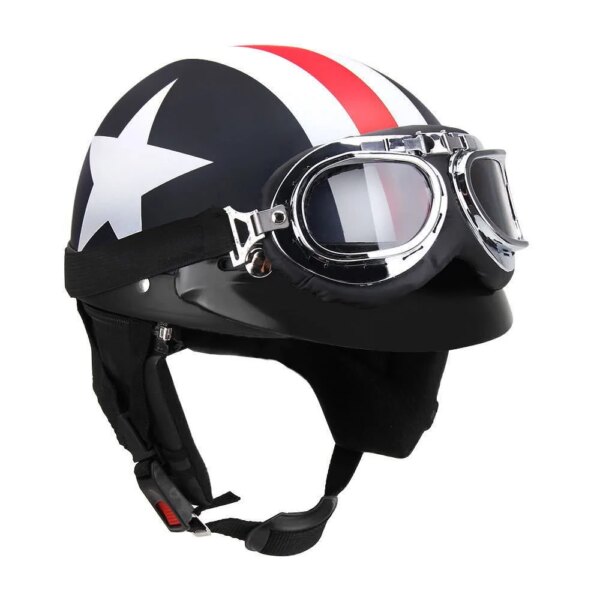 Casco de motocicleta semiabierto con gafas, visera, bufanda, motociclista, scooter, casco de turismo