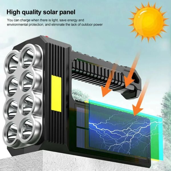 Linterna de mano con 8 bombillas LED, lámpara portátil con carga Solar y USB, 4 modos de iluminación brillante, reflector para acampar al aire libre