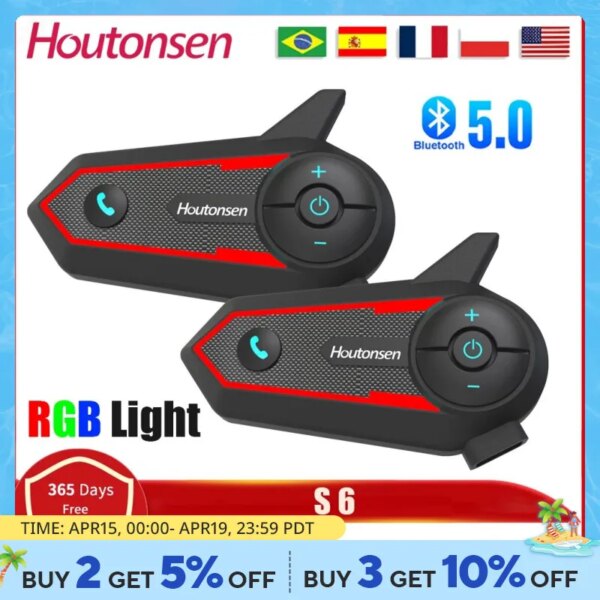 Houtonsen S6 casco de motocicleta Bluetooth intercomunicador impermeable 1000M interfono inalámbrico RGB luz ambiental tricolor