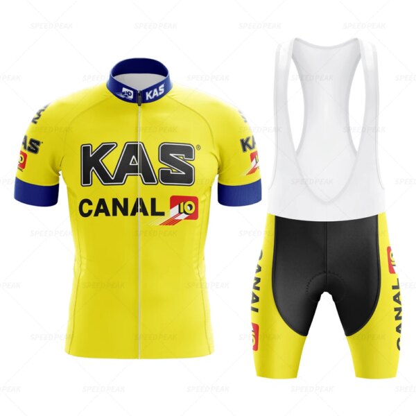 KAS-Conjunto de Jersey de ciclismo Retro para hombre, traje de bicicleta clásico amarillo, pantalones cortos con pechera de manga corta azul de verano, ropa Por equipo