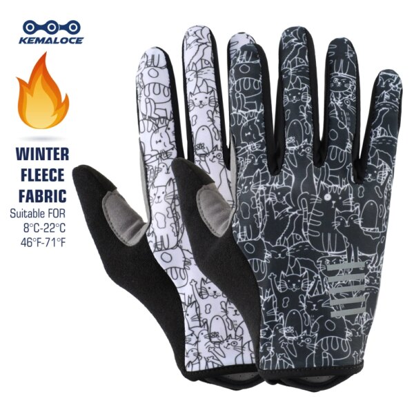 KEMALOCE-guantes de ciclismo para hombre y mujer, manoplas de invierno con dedos completos para motocicleta, MTB, tela térmica de lana blanca y negra