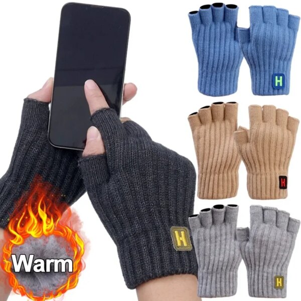 Guantes térmicos gruesos de punto para hombre y mujer, guantes de medio dedo para invierno, guantes sin dedos para conducir de lana cálida para exteriores, manoplas con pantalla táctil