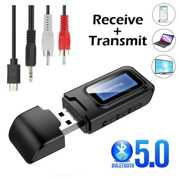 Adaptador Bluetooth Aux con pantalla LCD, Dongle USB para coche, TV, PC, conector RCA de 3,5mm, receptor Bluetooth 5,0, altavoz, transmisor de Audio y música