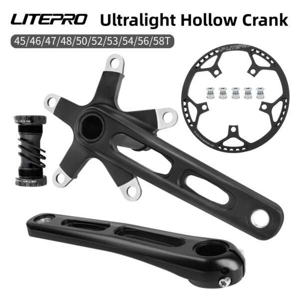 LITEPRO-platos y bielas huecos integrados 130BCD para bicicleta plegable, aleación de aluminio, 45/47/53/56/58T, manivela y placa ligera hueca