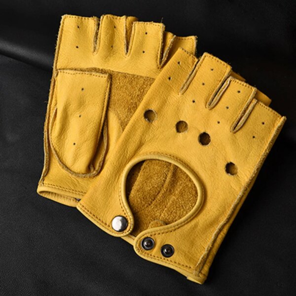 Guantes de cuero para hombre, medio dedo, Fitness, deportes, conducción, antideslizantes, resistentes al desgaste, conducción Retro, guantes de piel de oveja para motocicleta