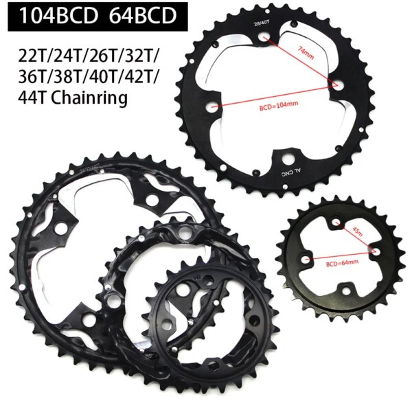 Plato de cadena de bicicleta de montaña, plato Universal para SHIMANO SRAM, 22T/24T/26T/32T/36/38T/42T/44T 104BCD 64BCD