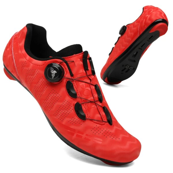 Zapatillas de ciclismo transpirables para hombre y mujer, zapatos de montaña con autosujeción, para bicicleta de montaña y carretera, con cordones, color rojo