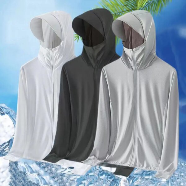 Ropa de protección solar de verano para hombre, abrigo de protección solar de manga larga de Color sólido, chaqueta con capucha y bolsillos con cremallera, chaquetas de ciclismo