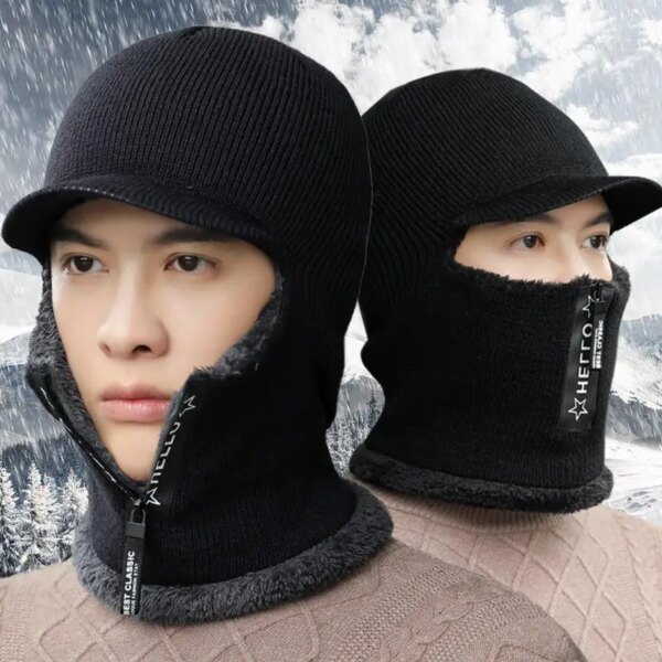 Gorro de lana abrigado de invierno para hombre, gorros con protección para los oídos, bufanda gruesa y cálida de punto para bicicleta, gorra con visera a prueba de viento, Gorras de marea