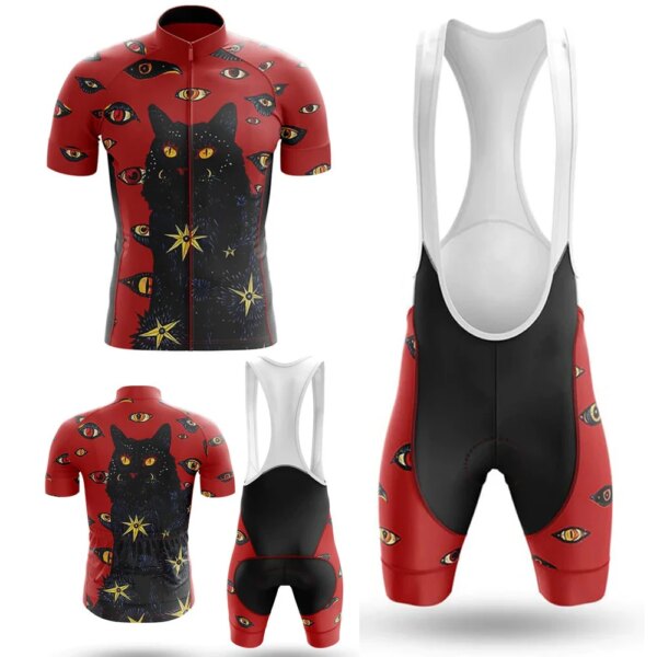 Kit de ciclismo con ojos de gato para hombre, camisa roja, camisetas de bicicleta, conjuntos de manga corta, ropa, pantalones con pechera, ropa para bicicleta