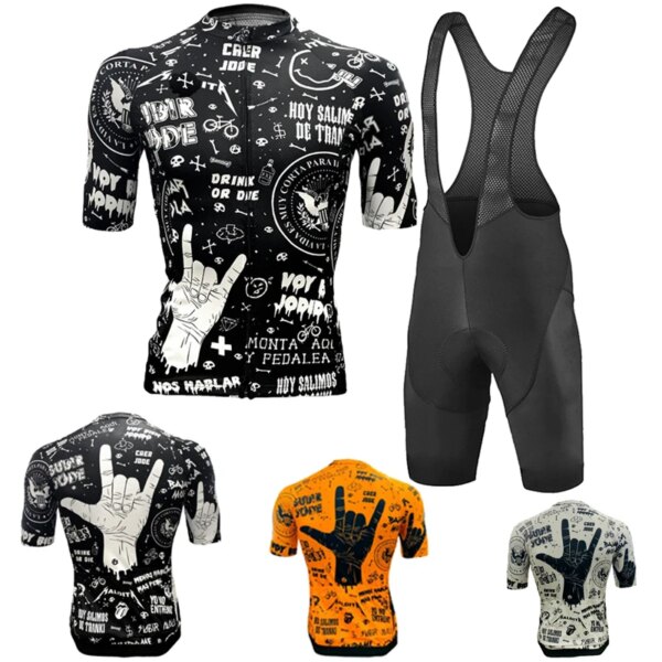 Camisetas de ciclismo con tatuaje para hombre, kit de bicicleta negro, camisa gris y naranja, conjuntos de manga corta, ropa de bicicleta, pantalones con pechera, ropa de paseo