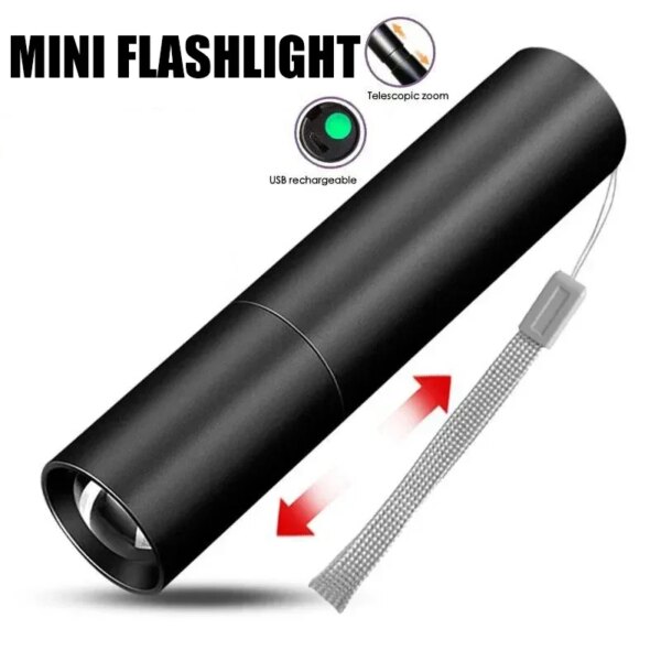 Mini linterna LED portátil, linterna con Zoom telescópico, recargable por USB, luces Flash impermeables, reflector de emergencia para exteriores