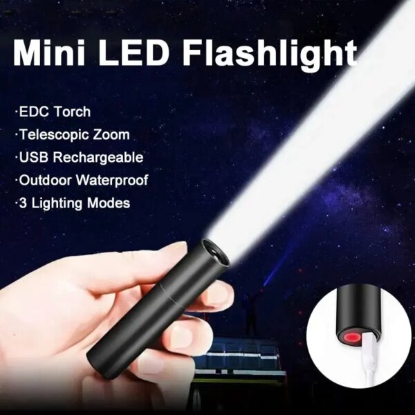 Mini linterna telescópica con Zoom, linterna con 3 modos de luz, recargable por USB, potentes linternas impermeables, lámpara portátil para exteriores