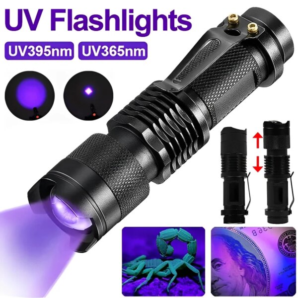 Mini linterna LED UV, luz negra ultravioleta portátil, 395/365nm, 3 modos, antorcha con zoom, lámpara Detector de escorpión para manchas de orina de mascotas