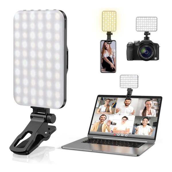 Minifocus Selfie Light, 60 LED 2200mAh Luz de relleno recargable para teléfono celular 7 modos, brillo de 10 niveles, luz con clip portátil