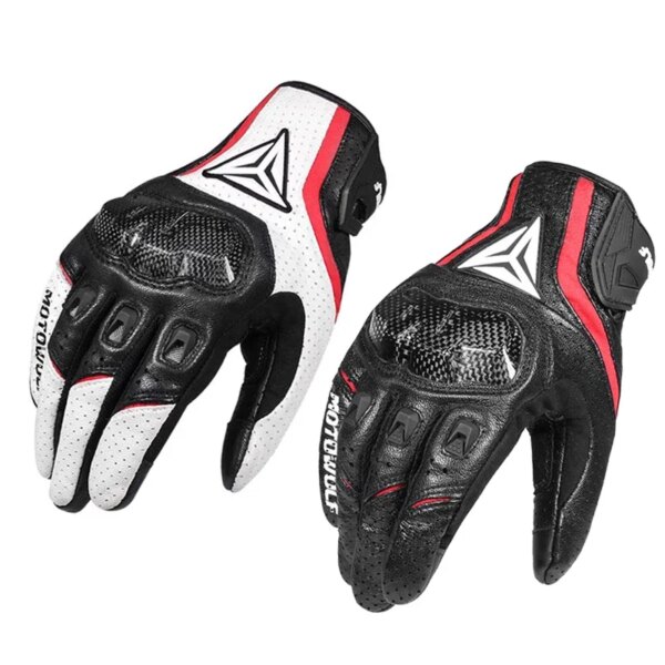 Guantes de motocicleta de cuero transpirable con pantalla táctil, guantes para estaciones con dedos completos y nudillos duros de fibra de carbono, protección anticaída