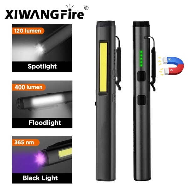 Linterna LED multifuncional 4 en 1 Mini USB recargable 800mah linterna con Clip para bolígrafo 365nm luz UV COB Camping trabajo reparación