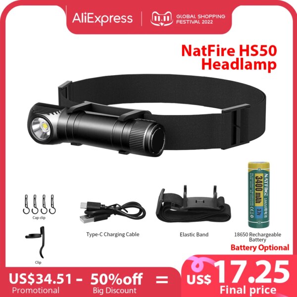 NATFIRE-linterna frontal HS50 recargable USB C, linterna LED brillante 18650, linterna de 1000lm con luz trasera magnética para campo de trabajo