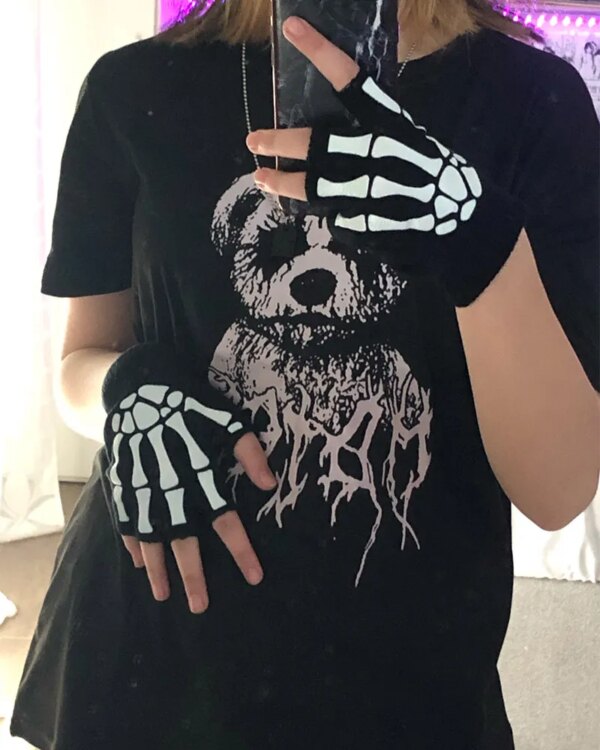 Nuevos guantes Punk Unisex Halloween esqueleto calavera medio dedo guantes que brillan en la oscuridad guantes de invierno de punto elásticos sin dedos