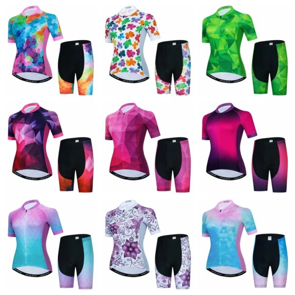 Nuevo traje de Jersey de ciclismo para Mujer, ropa deportiva de manga corta para bicicleta de montaña, conjuntos de bicicleta de carretera, pantalones cortos de ciclismo, almohadilla de Gel para Mujer