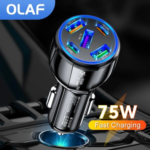 OLAF-cargadores de coche USB de 5 puertos, 75W, tipo C, carga rápida, PD QC3.0, cargador de teléfono para iPhone, Xiaomi, Huawei y Samsung