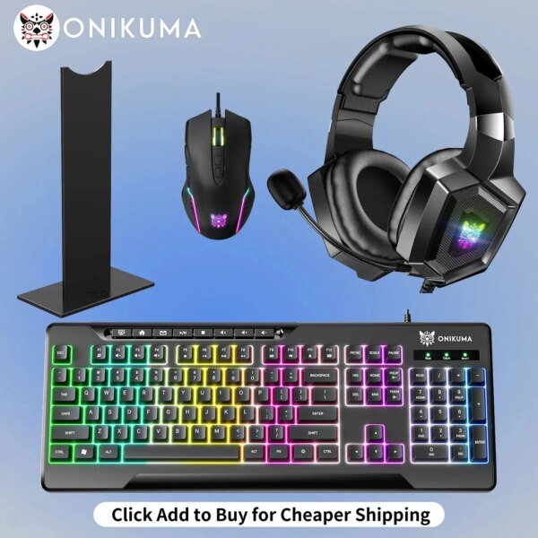 ONIKUMA-auriculares profesionales para videojuegos, paquete de deportes electrónicos con teclado y ratón ligero RGB, soporte para auriculares con cable y micrófono