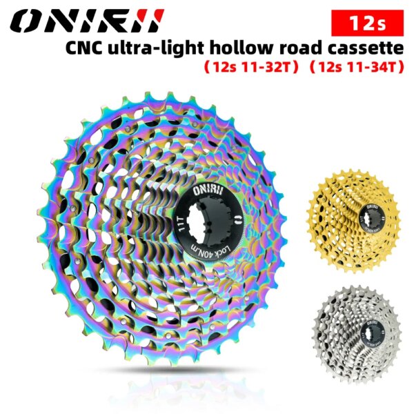 ONIRII-Cassette CNC para bicicleta de carretera, 12 velocidades, 11-32T, 11S-34T, rueda libre HG hueca ultraligera, piñón de arcoíris chapado en oro y plata de 12V, nuevo