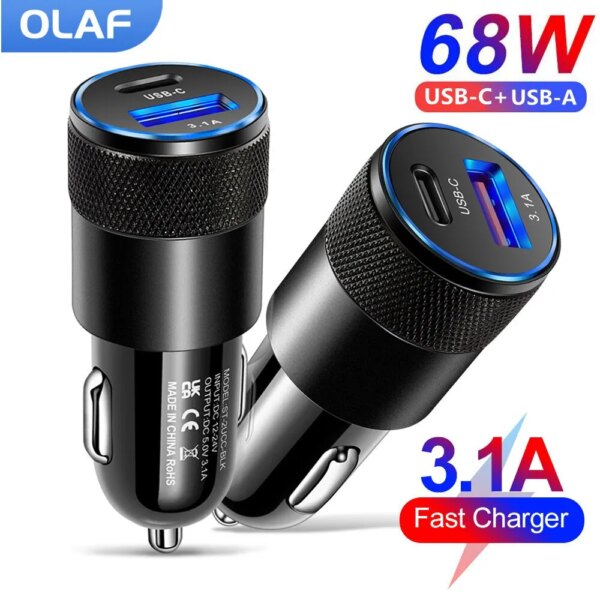 Olaf-cargador de coche PD de 68W, USB tipo C, adaptador de teléfono de carga rápida para iPhone 13, 12, Xiaomi, Huawei, Samsung S21, carga rápida 3,0