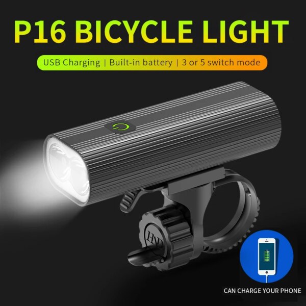 Linterna para bicicleta P16, lámpara LED recargable por USB, luz delantera para bicicleta, 3-5 modos para casco, accesorios para ciclismo de montaña, patinete eléctrico