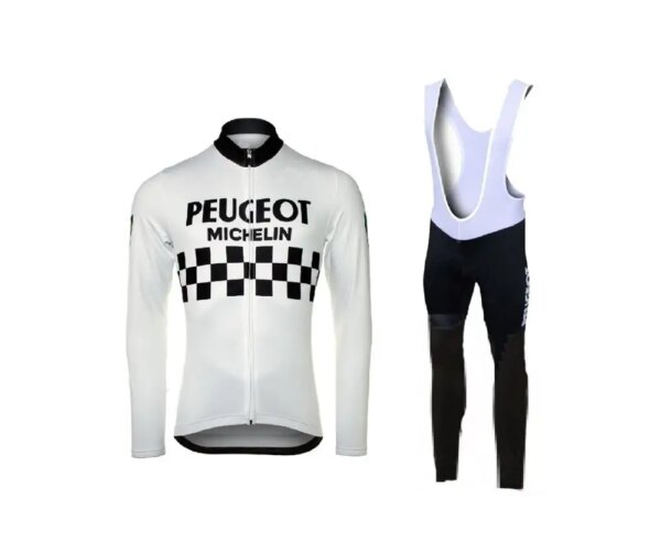 PEUGEOTful TEAM WHITE Retro clásico invierno polar térmico largo manga Ciclismo conjuntos Ropa de bicicleta de carreras Maillot Ropa Ciclismo