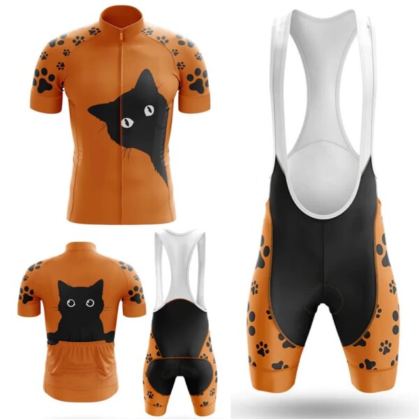 Kit de ciclismo de gato negro para hombre, camisetas de bicicleta naranja, conjuntos de camisa de manga corta, ropa de bicicleta, pantalones con pechera, ropa de paseo