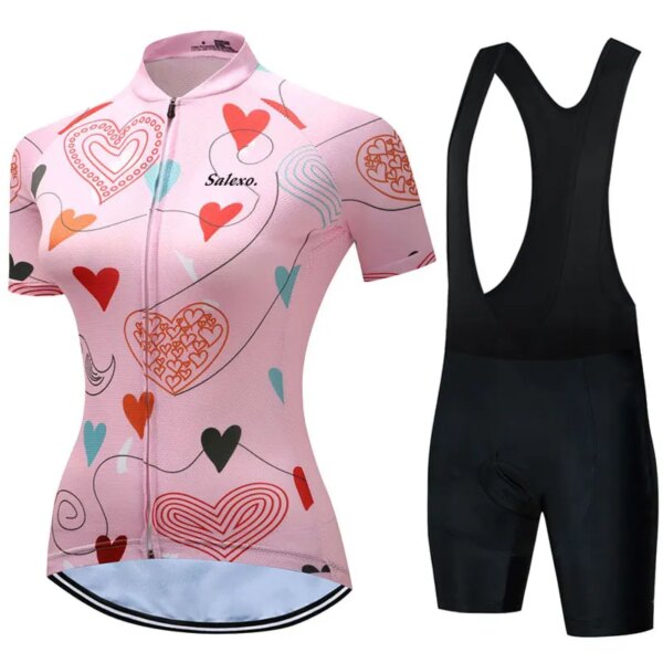 Conjunto de Jersey de ciclismo de manga corta para mujer, ropa rosa para ciclismo, pantalones cortos con pechera, verano 2023