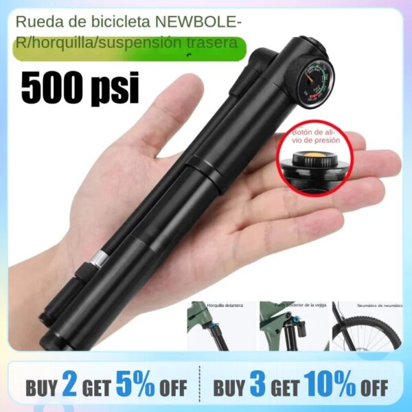 Bomba de aire portátil de alta presión para bicicleta, 500psi, con manómetro para horquilla y amortiguador de suspensión trasera, rueda de bomba para bicicleta de montaña