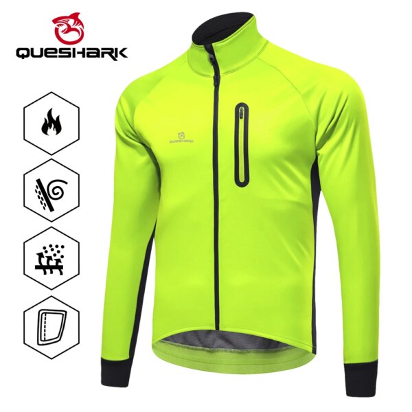 QUESHARK-Chaqueta térmica de lana para ciclismo para hombre, Jersey impermeable de manga larga a prueba de viento para ciclismo de montaña y carretera