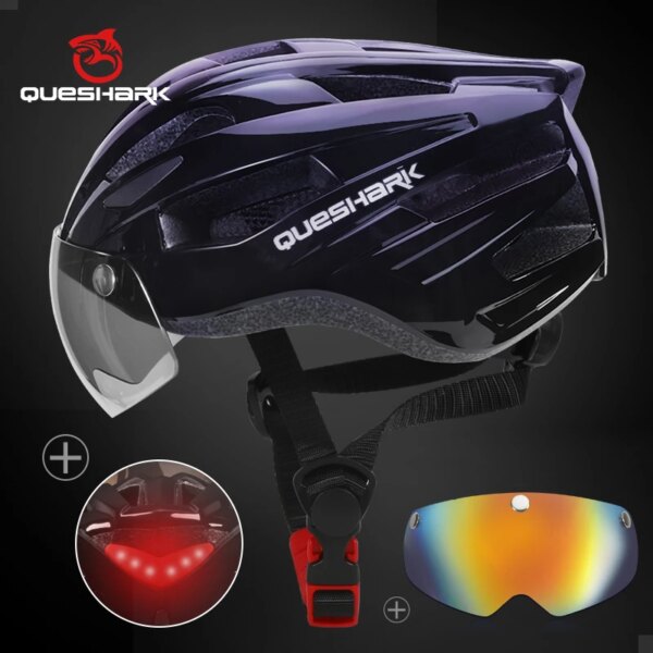 QUESHARK hombres mujeres ultraligero ciclismo casco Led luz trasera MTB bicicleta de carretera motociclismo lente extraíble tapa de seguridad