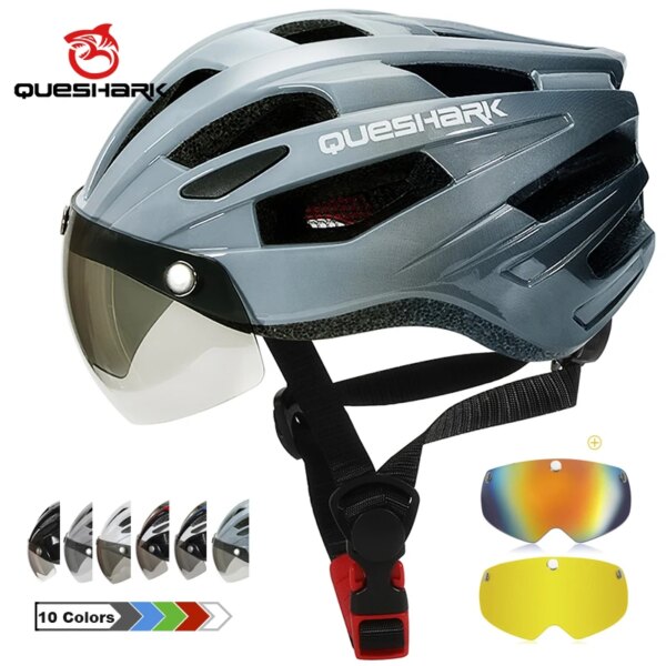 QUESHARK hombres mujeres ultraligero ciclismo casco MTB bicicleta de carretera motociclismo extraíble amarillo gris lente colorida QE120