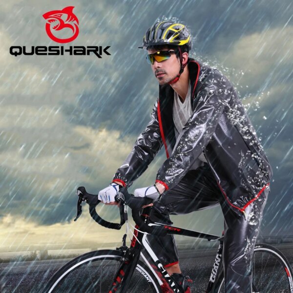 QUESHARK-Conjunto de chaqueta de ciclismo impermeable para hombre y mujer, 100%, chubasquero para montar en bicicleta de montaña o de carretera, ropa impermeable contra lluvia intensa