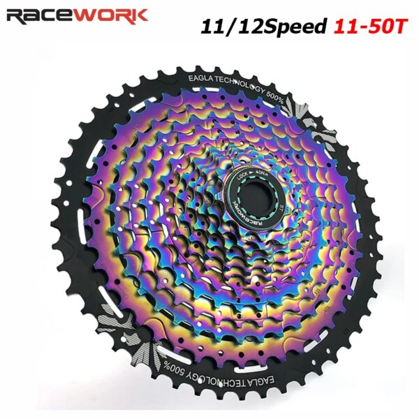 RACEWORK-Cassette ultraligero para bicicleta de montaña, 11/12 velocidades, 11-50T, piñón de Cassette de relación de engranaje de ancho estrecho arcoíris para bicicleta de montaña