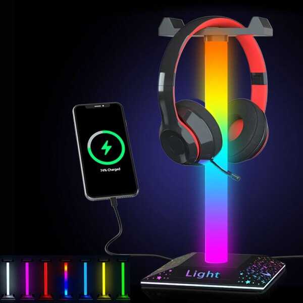 Soporte para auriculares RGB tipo C y puerto de carga USB, soporte para auriculares de escritorio para juegos, 10 modos de luz, luz con Control táctil, colgador de auriculares para PC