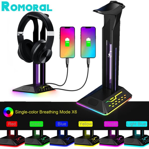 Soporte para auriculares RGB con 2 puertos USB tipo C, Audio de 3,5mm para todos los auriculares, Gamers, Gaming, PC, accesorios para auriculares de escritorio