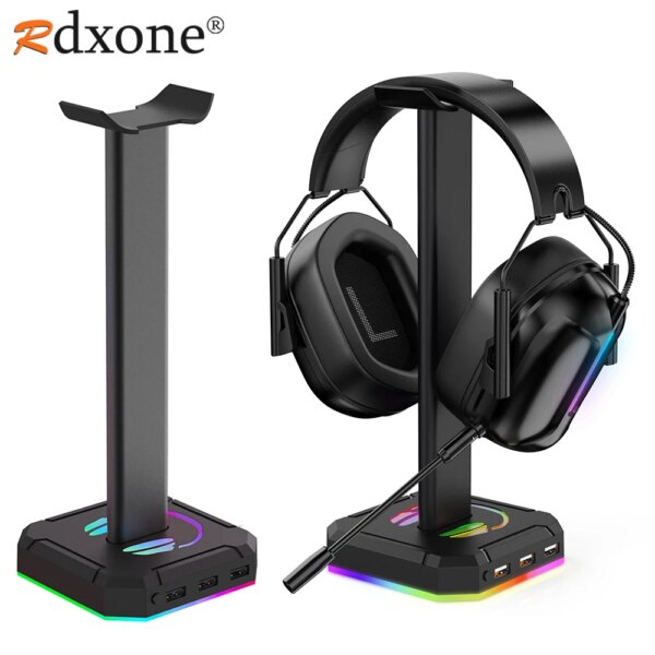 Soporte para auriculares con luces RGB, soporte para auriculares con 3 puertos USB para todos los auriculares, accesorios para videojuegos y PC, escritorio